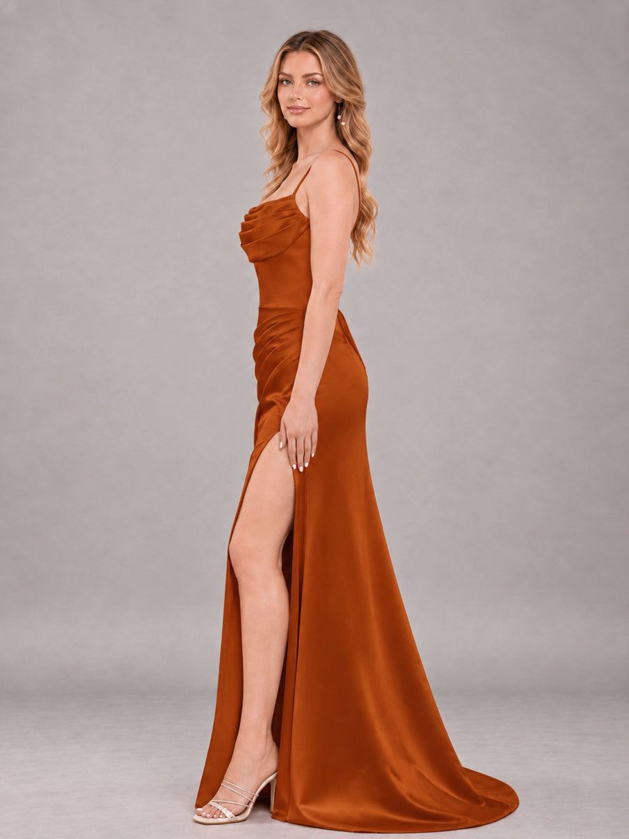 Burnt Orange Fashionable Cowl Neck Slit Trumpet Long Satin Bridesmaid Dress