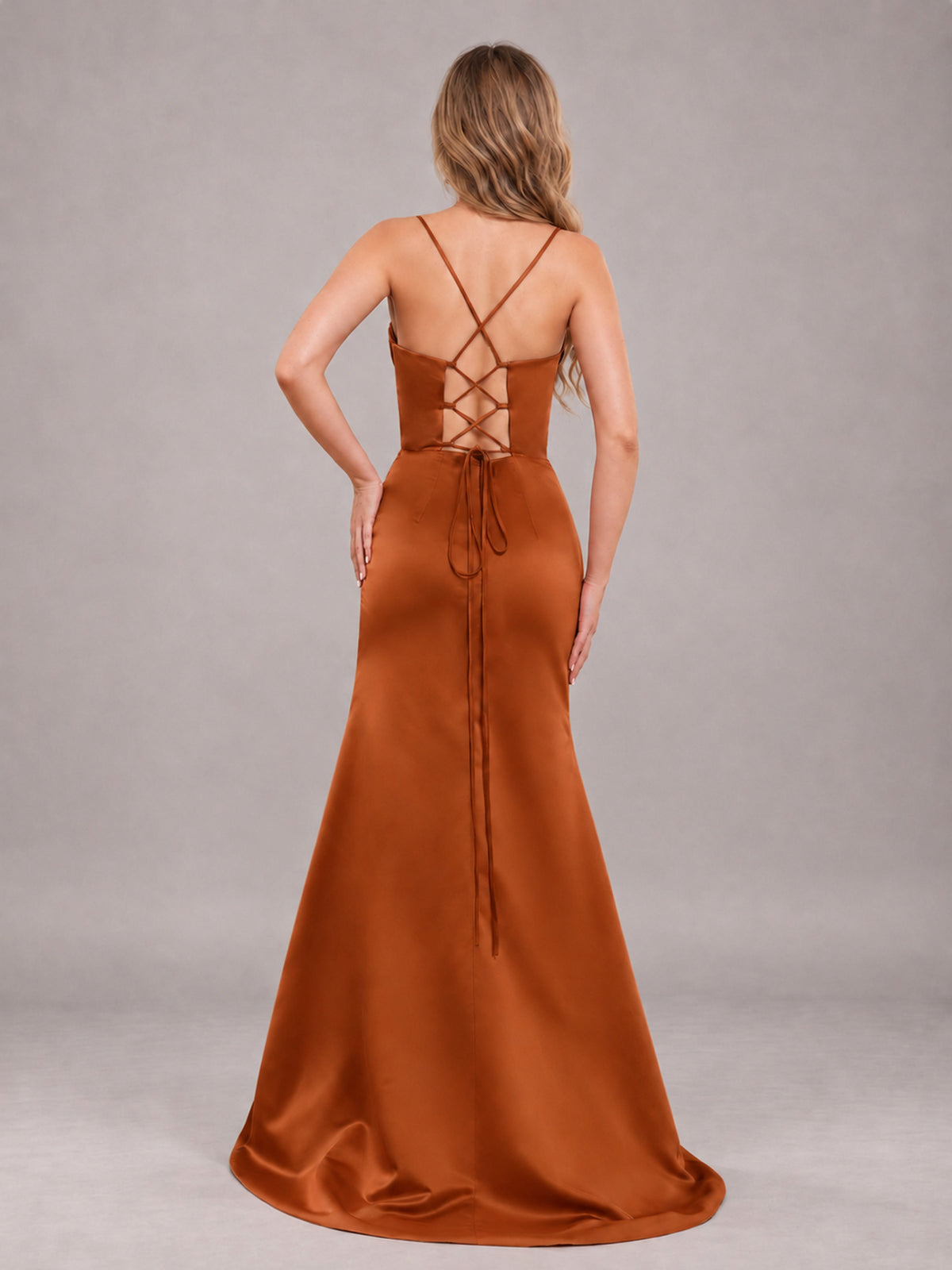 Burnt Orange Fashionable Cowl Neck Slit Trumpet Long Satin Bridesmaid Dress