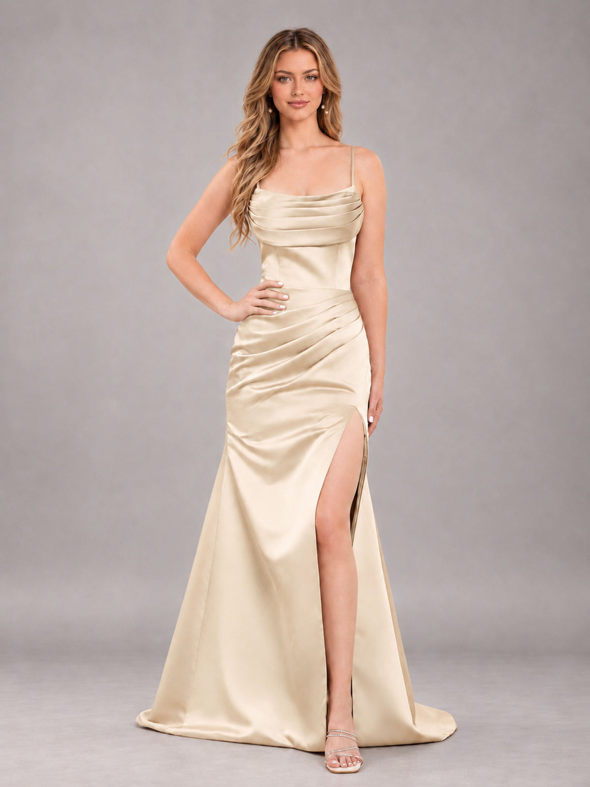 Champagne Fashionable Cowl Neck Slit Trumpet Long Satin Bridesmaid Dress