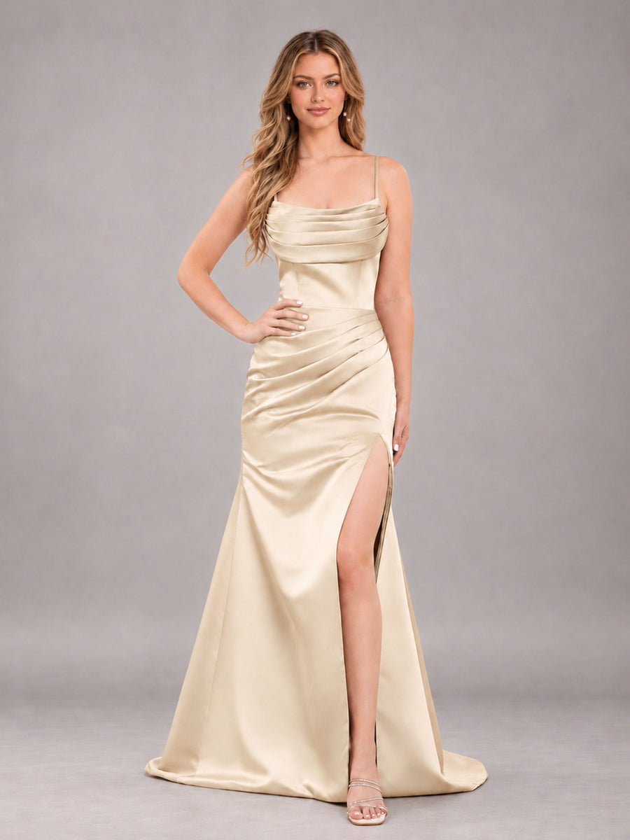Champagne Fashionable Cowl Neck Slit Trumpet Long Satin Bridesmaid Dress