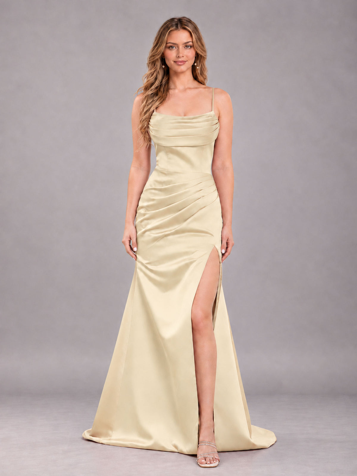 Champagne Fashionable Cowl Neck Slit Trumpet Long Satin Bridesmaid Dress