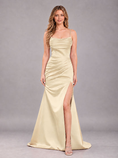 Champagne Fashionable Cowl Neck Slit Trumpet Long Satin Bridesmaid Dress