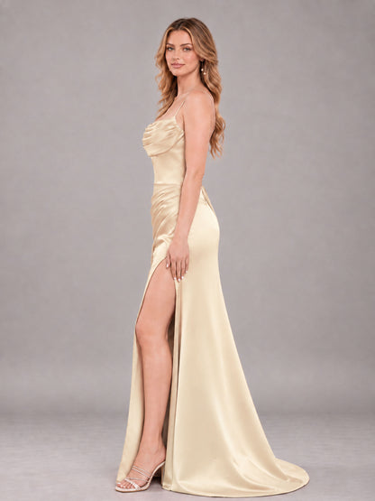 Champagne Fashionable Cowl Neck Slit Trumpet Long Satin Bridesmaid Dress