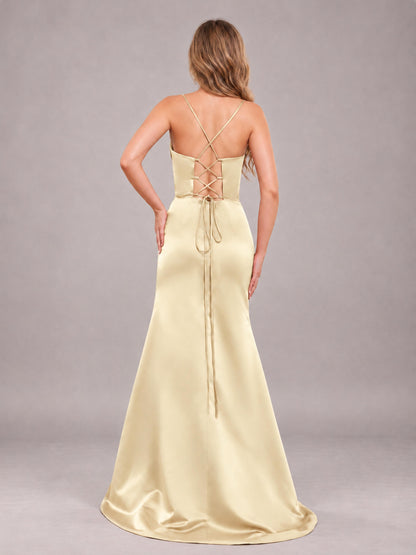 Champagne Fashionable Cowl Neck Slit Trumpet Long Satin Bridesmaid Dress