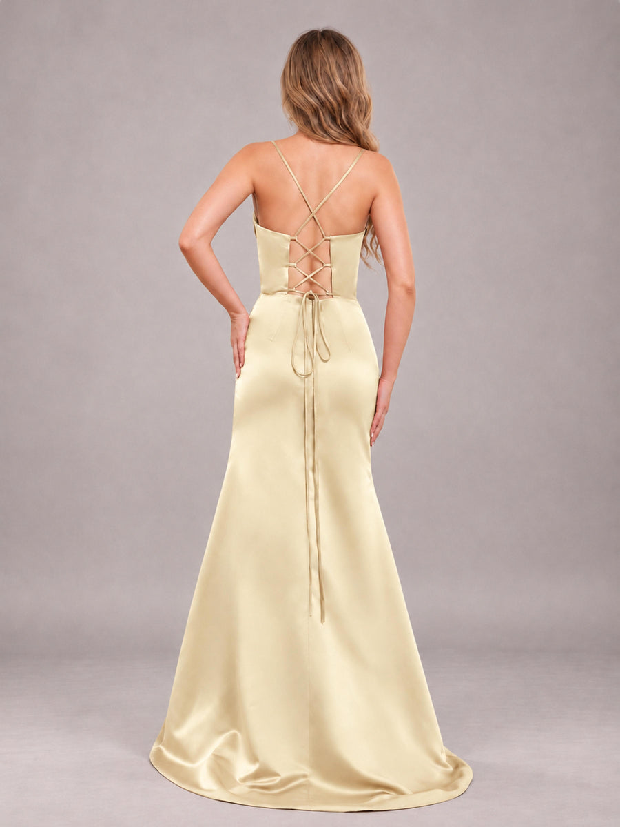 Champagne Fashionable Cowl Neck Slit Trumpet Long Satin Bridesmaid Dress