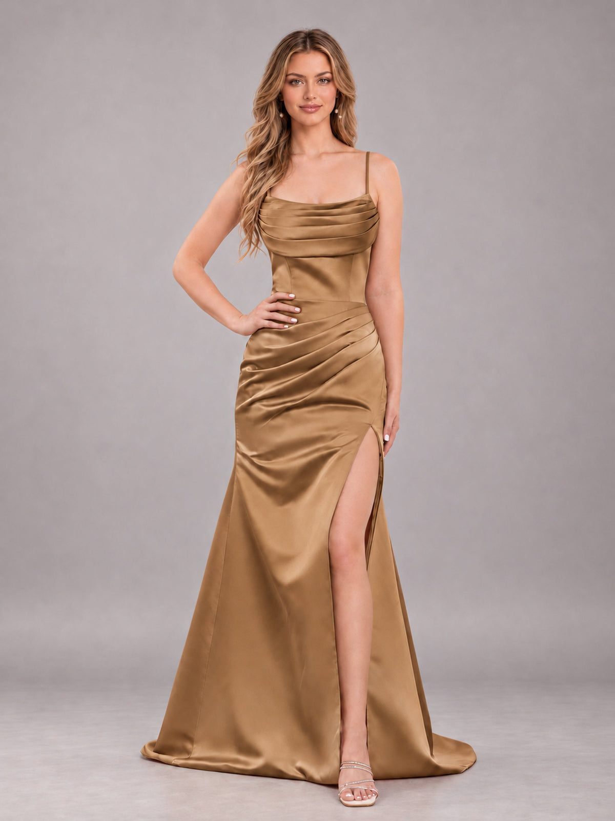 Copper Fashionable Cowl Neck Slit Trumpet Long Satin Bridesmaid Dress