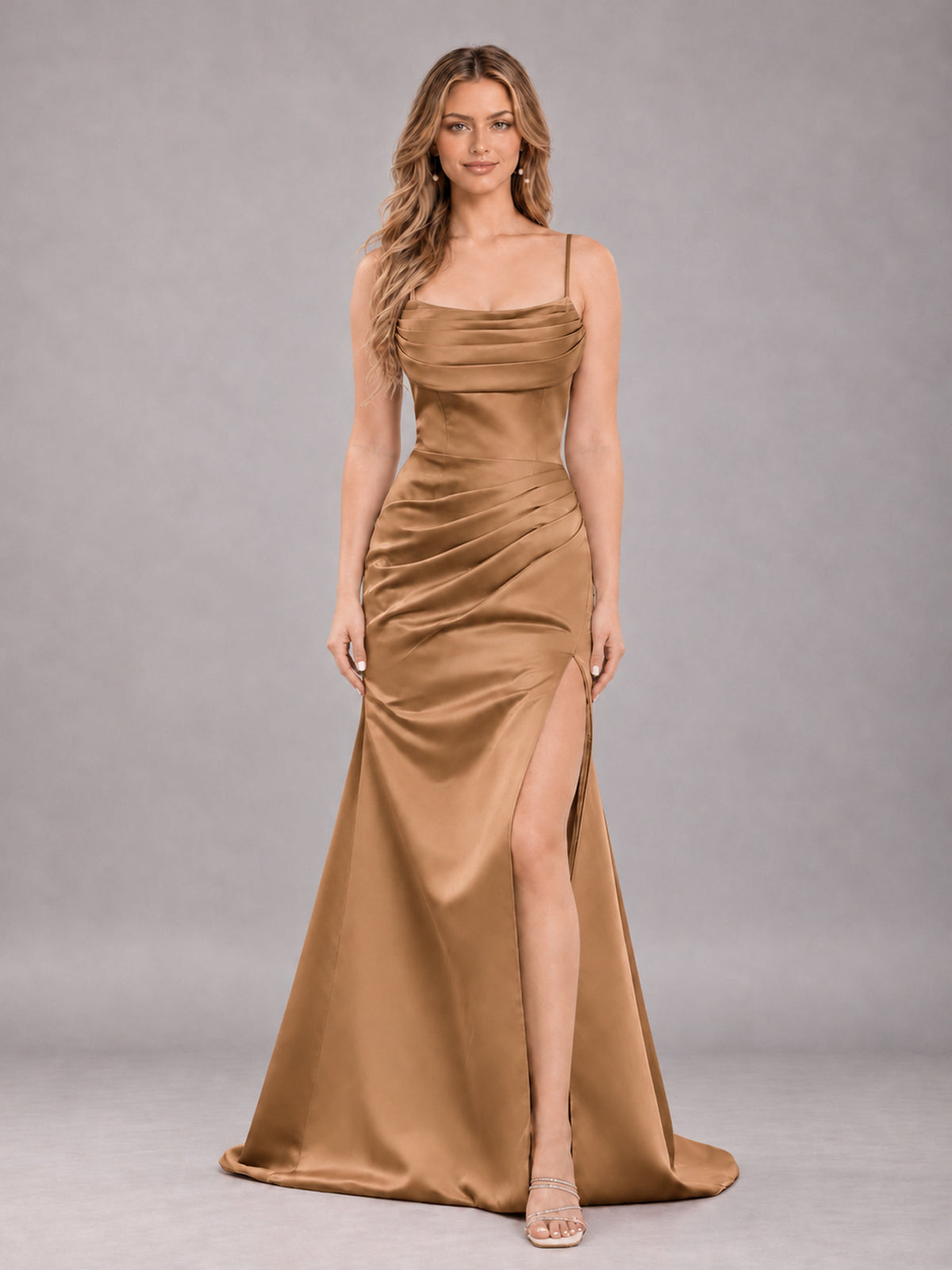 Copper Fashionable Cowl Neck Slit Trumpet Long Satin Bridesmaid Dress
