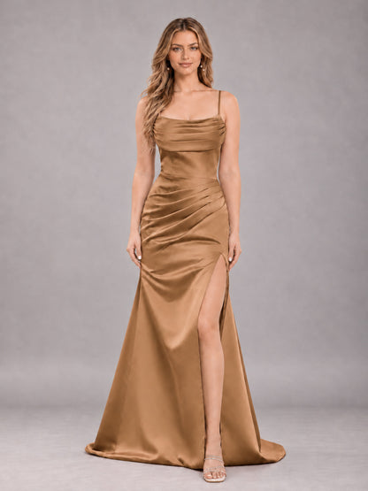 Copper Fashionable Cowl Neck Slit Trumpet Long Satin Bridesmaid Dress