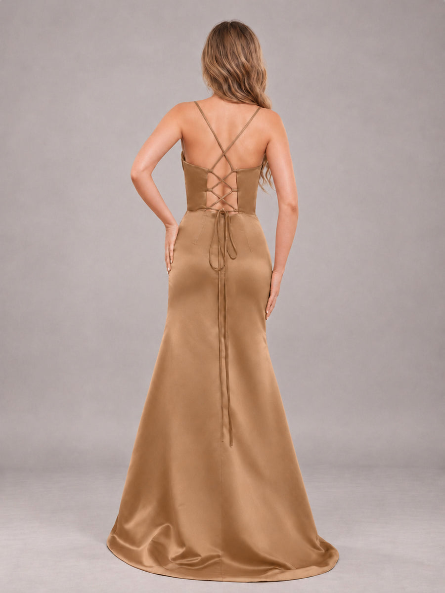 Copper Fashionable Cowl Neck Slit Trumpet Long Satin Bridesmaid Dress