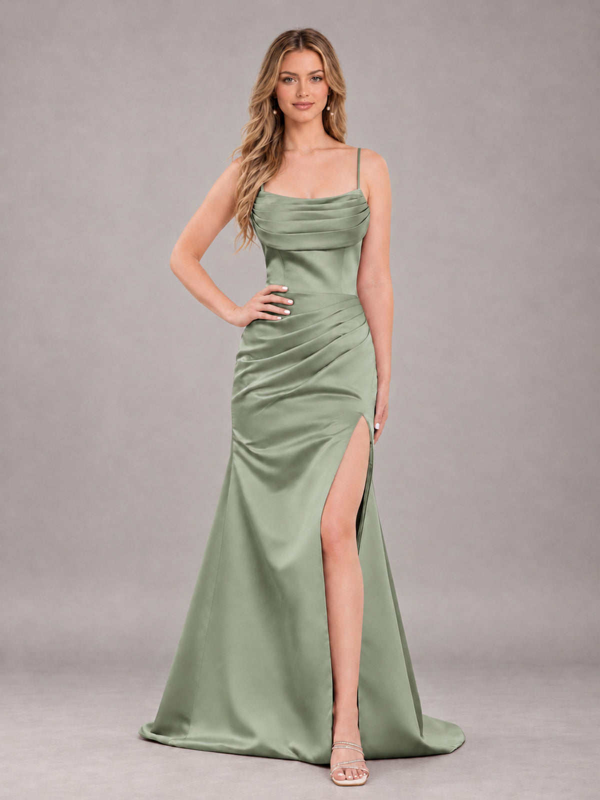 Dark Sage Fashionable Cowl Neck Slit Trumpet Long Satin Bridesmaid Dress