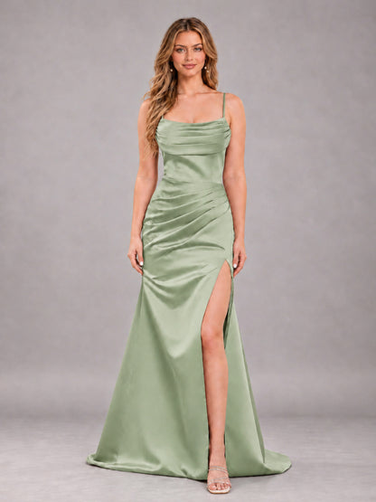Dark Sage Fashionable Cowl Neck Slit Trumpet Long Satin Bridesmaid Dress