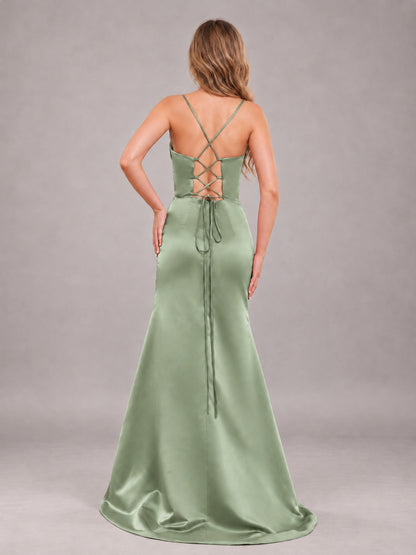 Dark Sage Fashionable Cowl Neck Slit Trumpet Long Satin Bridesmaid Dress