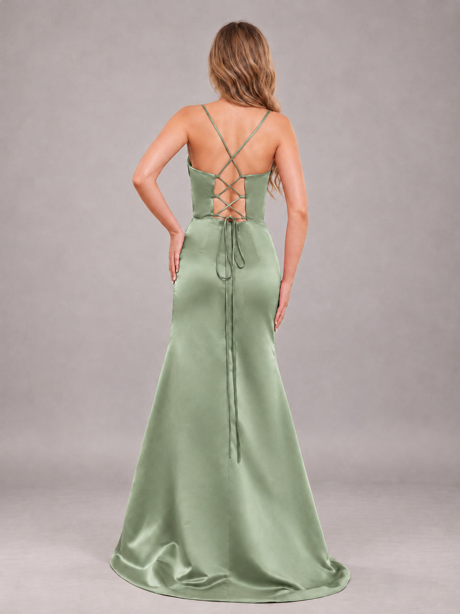 Dark Sage Fashionable Cowl Neck Slit Trumpet Long Satin Bridesmaid Dress