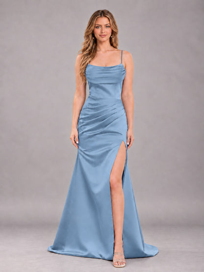Dusty Blue Fashionable Cowl Neck Slit Trumpet Long Satin Bridesmaid Dress