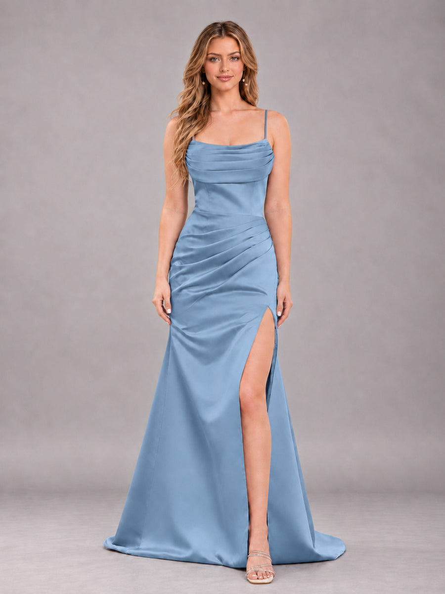 Dusty Blue Fashionable Cowl Neck Slit Trumpet Long Satin Bridesmaid Dress
