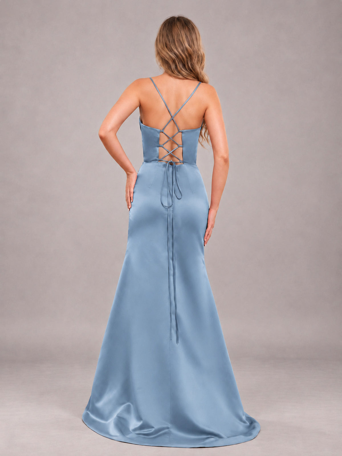 Dusty Blue Fashionable Cowl Neck Slit Trumpet Long Satin Bridesmaid Dress