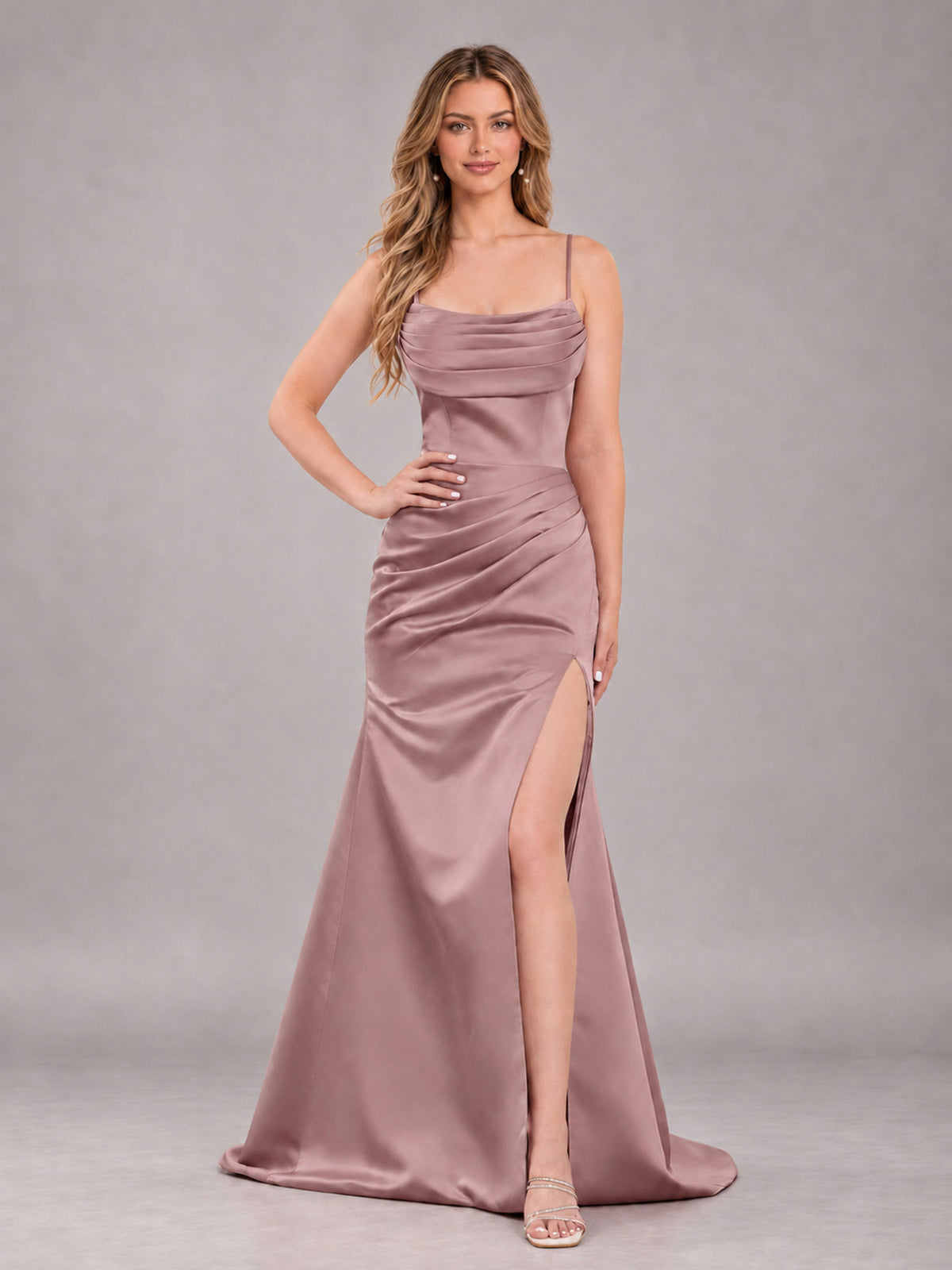Dusty Rose Fashionable Cowl Neck Slit Trumpet Long Satin Bridesmaid Dress