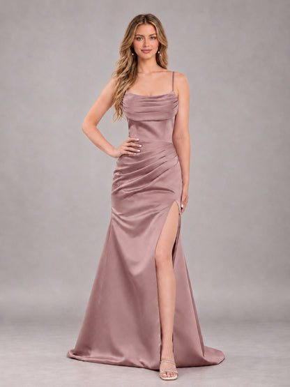 Dusty Rose Fashionable Cowl Neck Slit Trumpet Long Satin Bridesmaid Dress