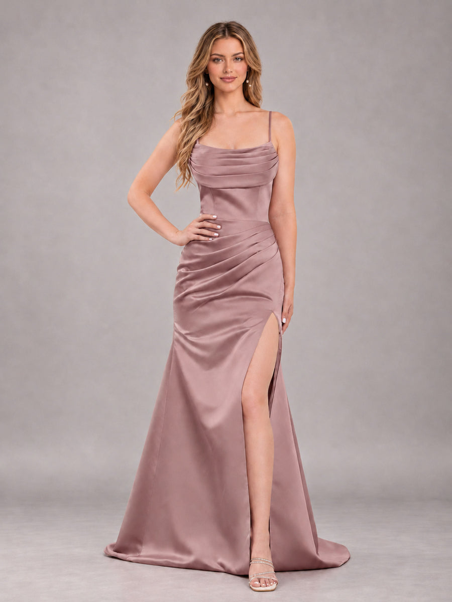 Dusty Rose Fashionable Cowl Neck Slit Trumpet Long Satin Bridesmaid Dress