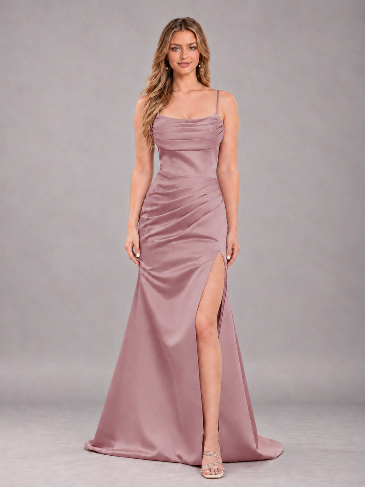 Dusty Rose Fashionable Cowl Neck Slit Trumpet Long Satin Bridesmaid Dress