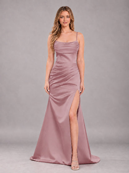 Dusty Rose Fashionable Cowl Neck Slit Trumpet Long Satin Bridesmaid Dress