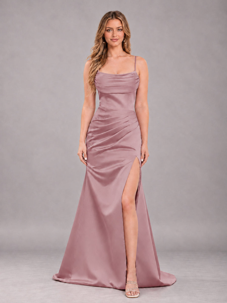 Dusty Rose Fashionable Cowl Neck Slit Trumpet Long Satin Bridesmaid Dress