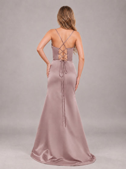 Dusty Rose Fashionable Cowl Neck Slit Trumpet Long Satin Bridesmaid Dress
