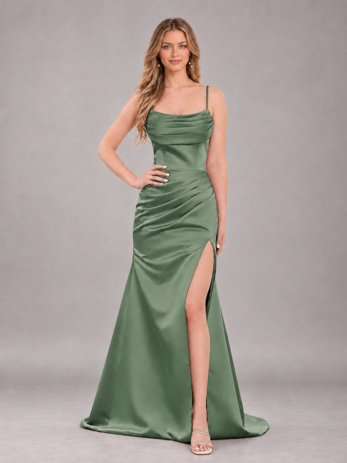 Eucalyptus Fashionable Cowl Neck Slit Trumpet Long Satin Bridesmaid Dress
