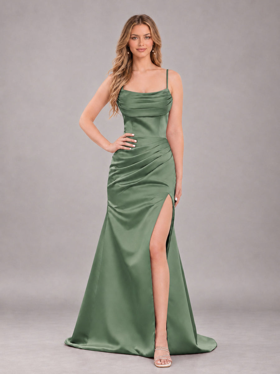 Eucalyptus Fashionable Cowl Neck Slit Trumpet Long Satin Bridesmaid Dress