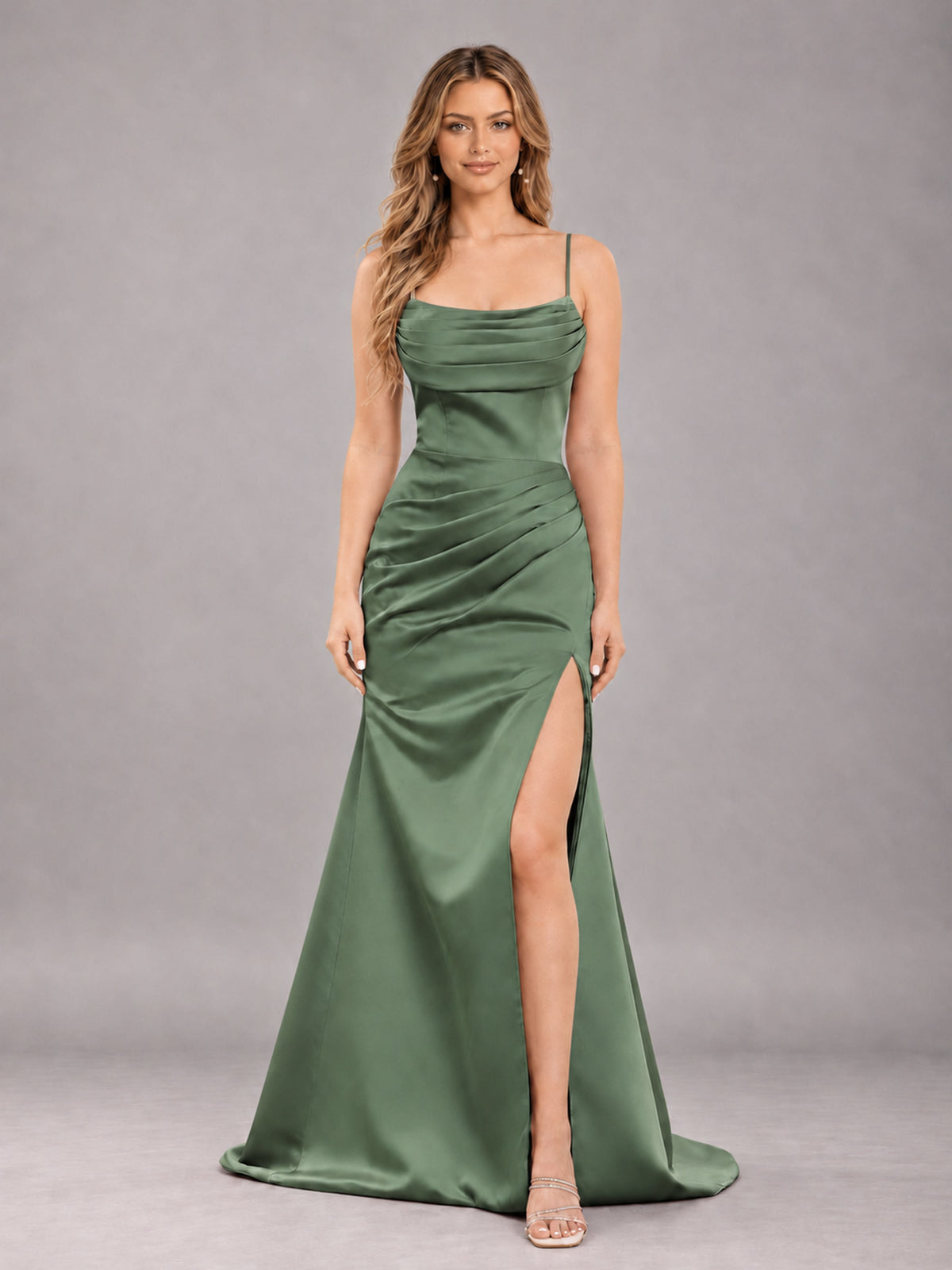 Eucalyptus Fashionable Cowl Neck Slit Trumpet Long Satin Bridesmaid Dress