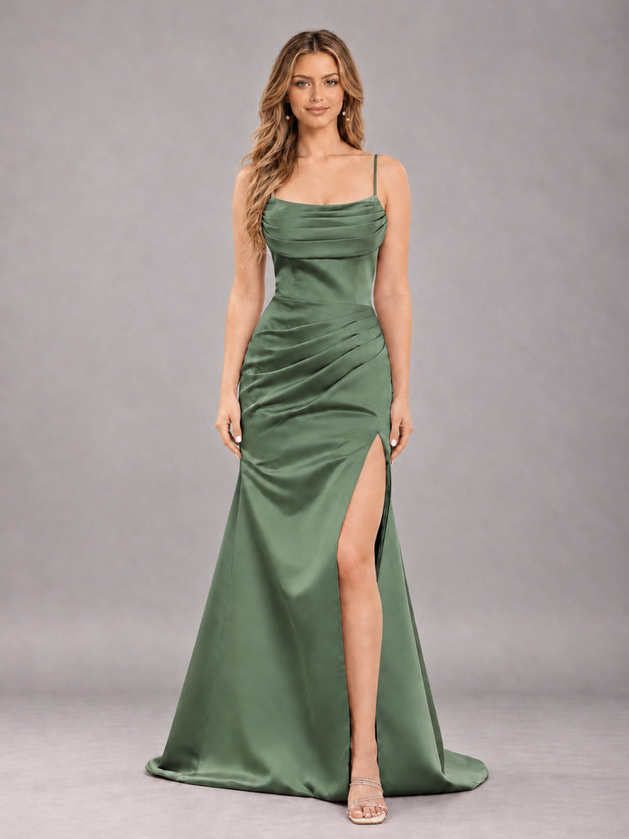 Eucalyptus Fashionable Cowl Neck Slit Trumpet Long Satin Bridesmaid Dress