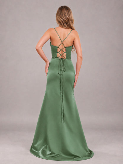 Eucalyptus Fashionable Cowl Neck Slit Trumpet Long Satin Bridesmaid Dress