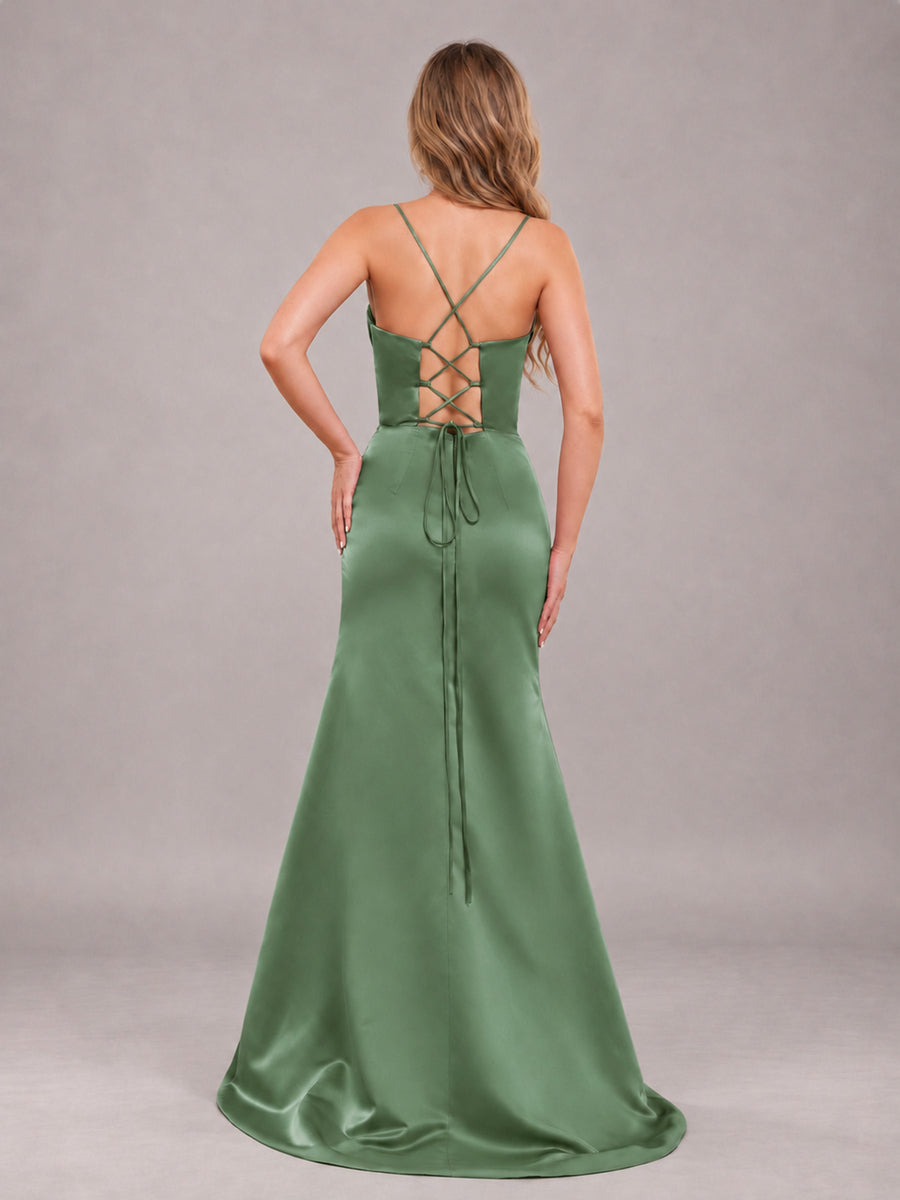 Eucalyptus Fashionable Cowl Neck Slit Trumpet Long Satin Bridesmaid Dress