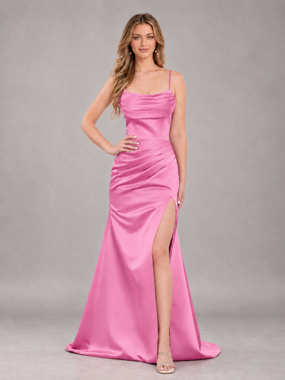Flamingo Fashionable Cowl Neck Slit Trumpet Long Satin Bridesmaid Dress
