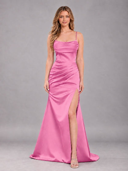 Flamingo Fashionable Cowl Neck Slit Trumpet Long Satin Bridesmaid Dress