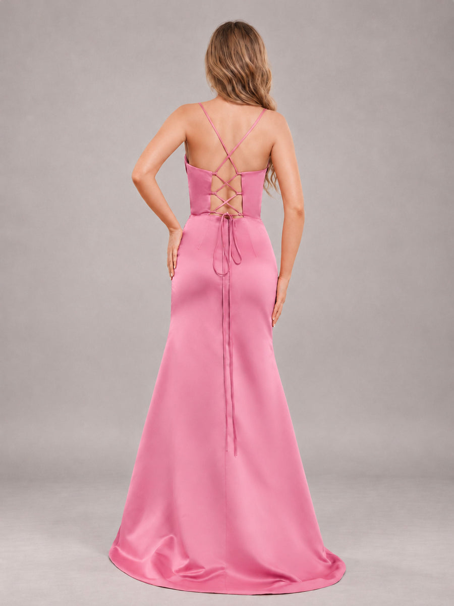 Flamingo Fashionable Cowl Neck Slit Trumpet Long Satin Bridesmaid Dress