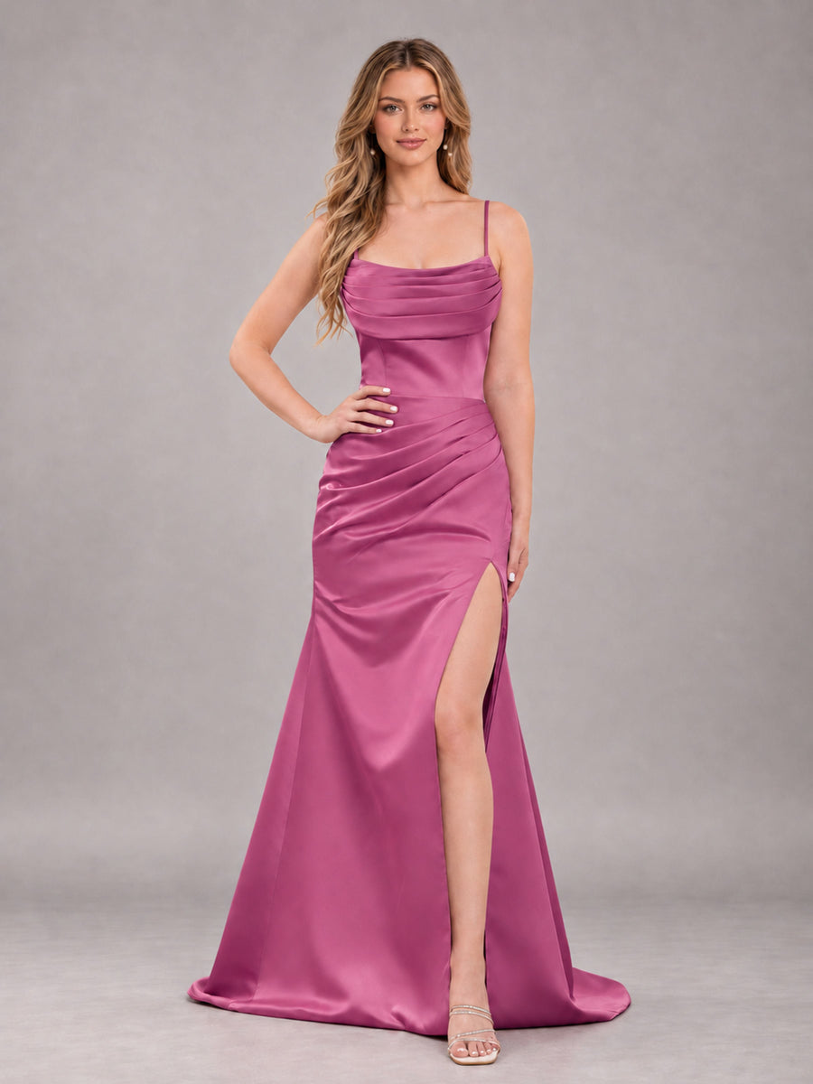 Fuchsia Fashionable Cowl Neck Slit Trumpet Long Satin Bridesmaid Dress