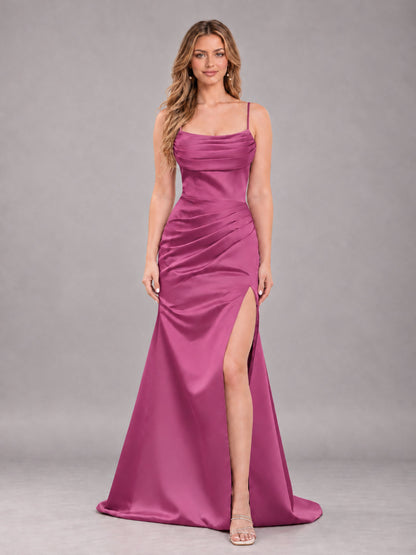 Fuchsia Fashionable Cowl Neck Slit Trumpet Long Satin Bridesmaid Dress
