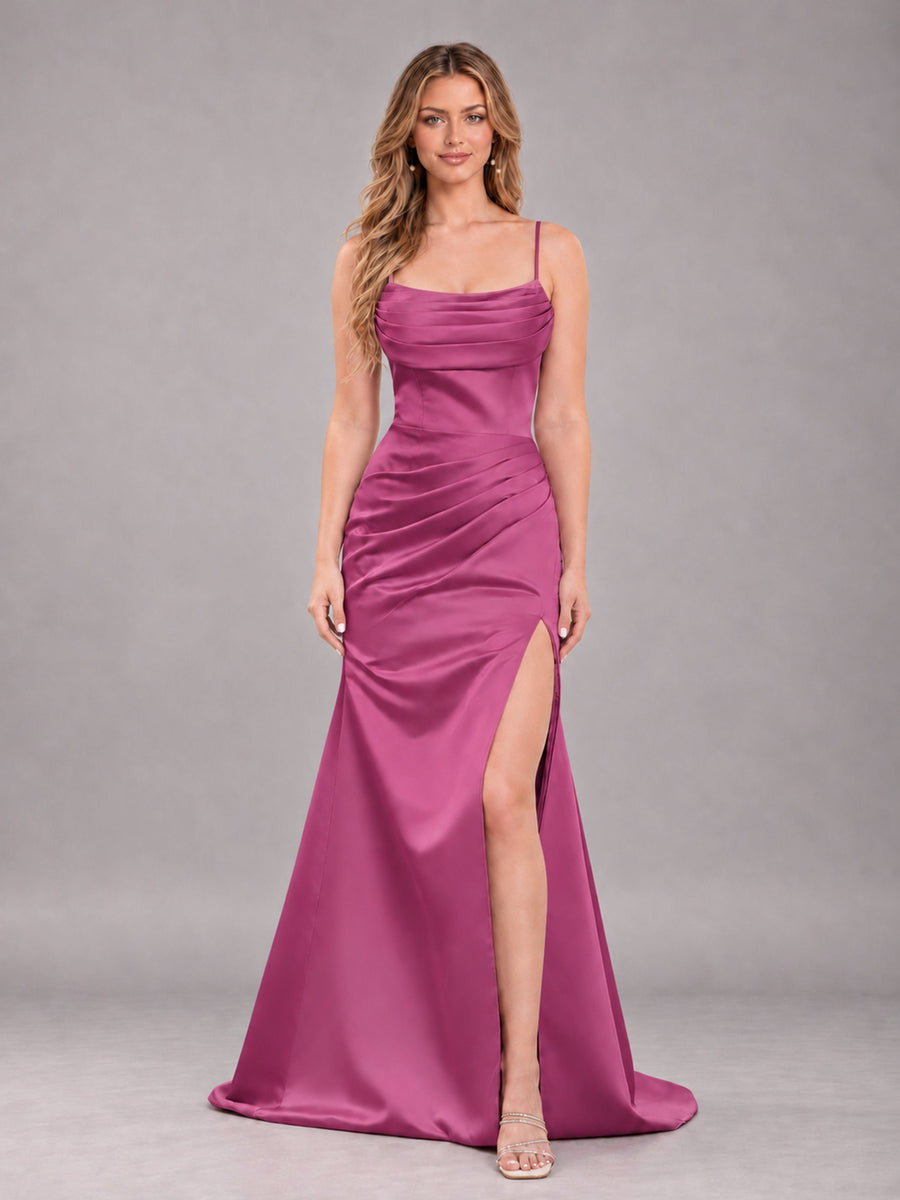 Fuchsia Fashionable Cowl Neck Slit Trumpet Long Satin Bridesmaid Dress