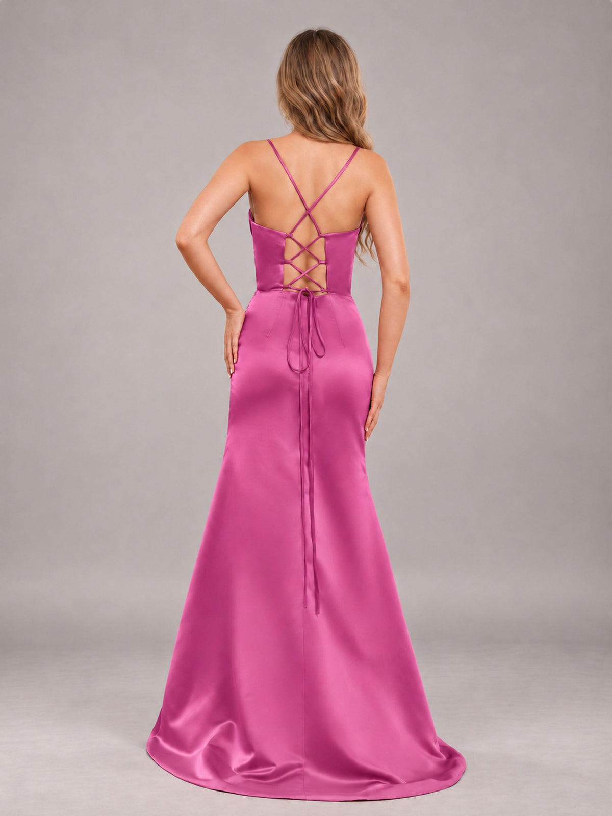 Fuchsia Fashionable Cowl Neck Slit Trumpet Long Satin Bridesmaid Dress