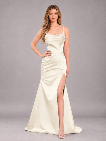 Ivory Fashionable Cowl Neck Slit Trumpet Long Satin Bridesmaid Dress