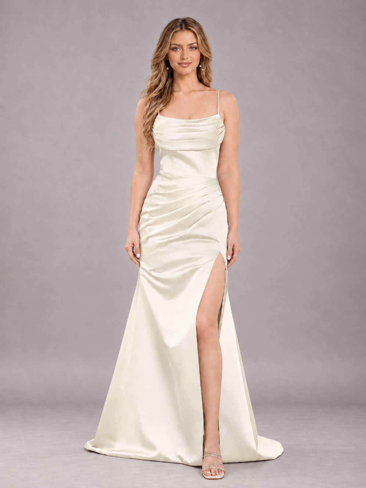 Ivory Fashionable Cowl Neck Slit Trumpet Long Satin Bridesmaid Dress