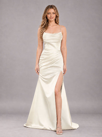 Ivory Fashionable Cowl Neck Slit Trumpet Long Satin Bridesmaid Dress