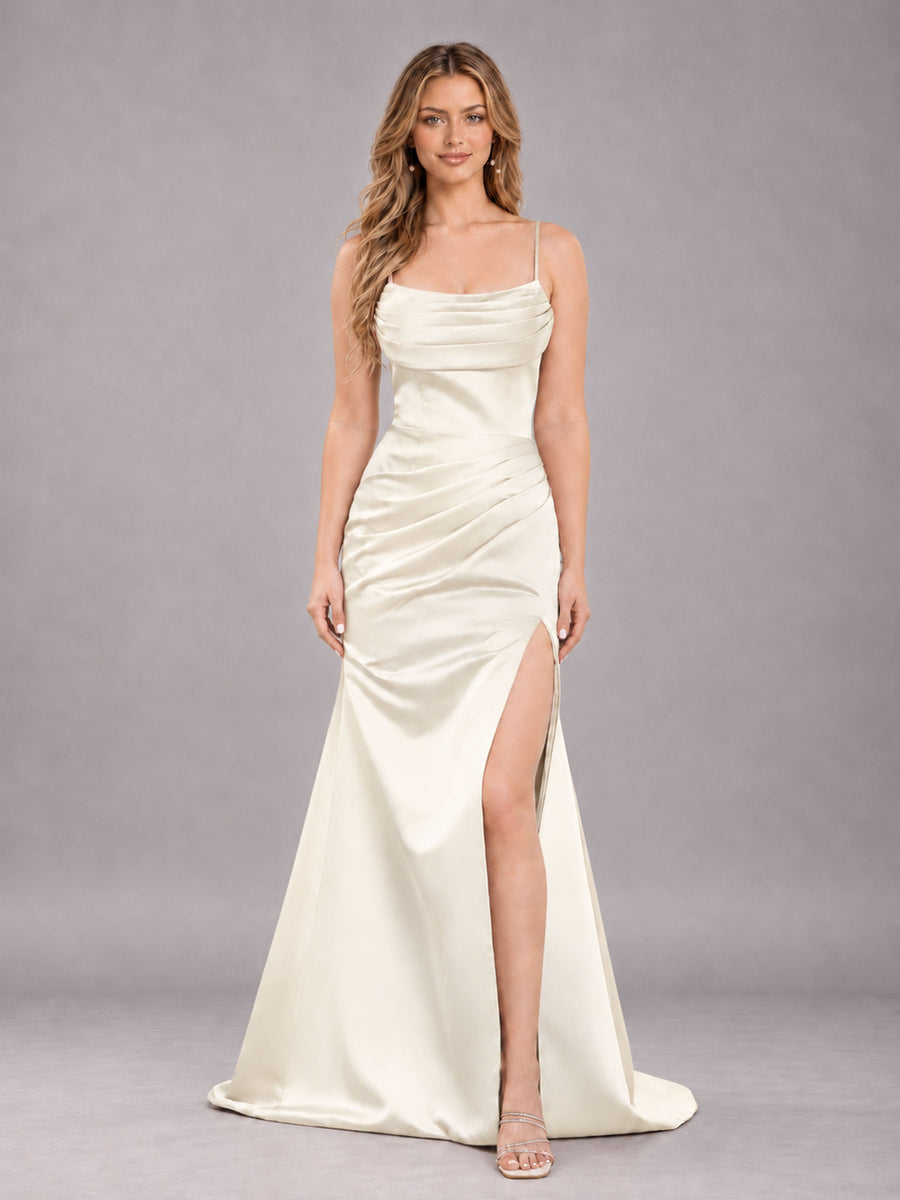 Ivory Fashionable Cowl Neck Slit Trumpet Long Satin Bridesmaid Dress