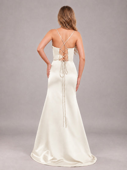 Ivory Fashionable Cowl Neck Slit Trumpet Long Satin Bridesmaid Dress