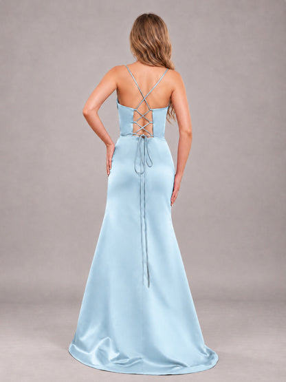 Light Blue Fashionable Cowl Neck Slit Trumpet Long Satin Bridesmaid Dress