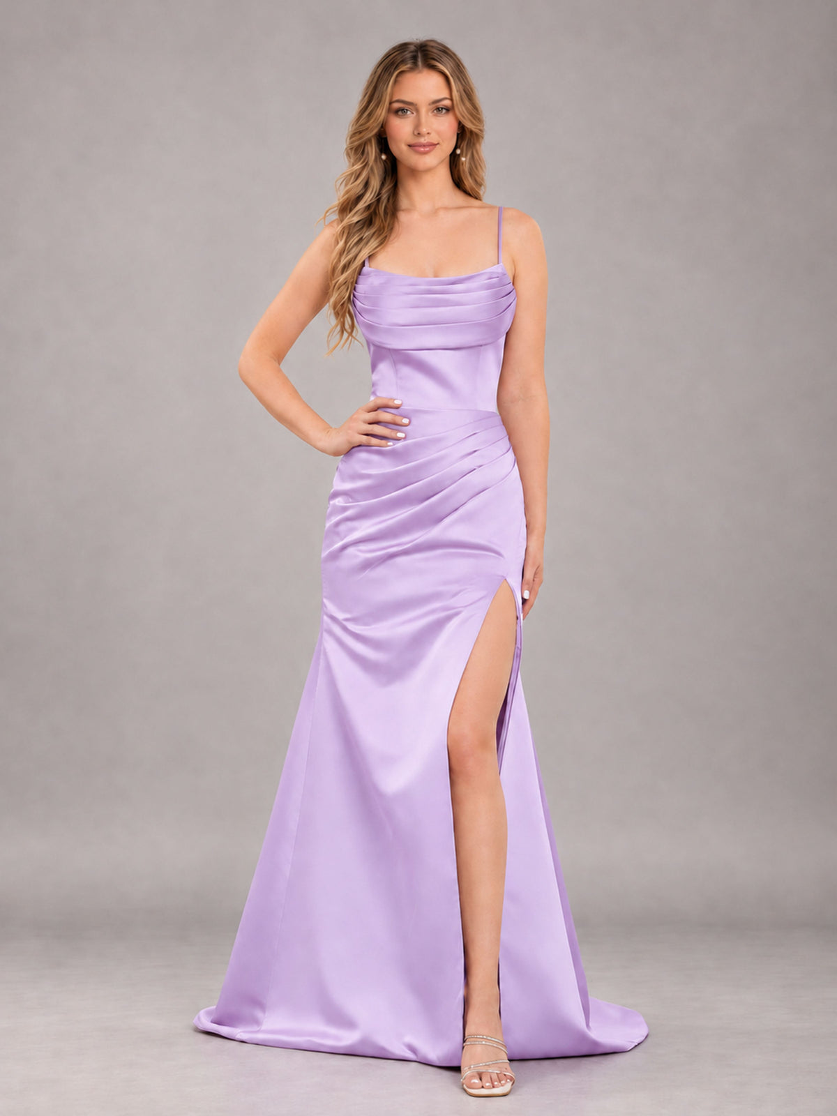 Lilac Fashionable Cowl Neck Slit Trumpet Long Satin Bridesmaid Dress
