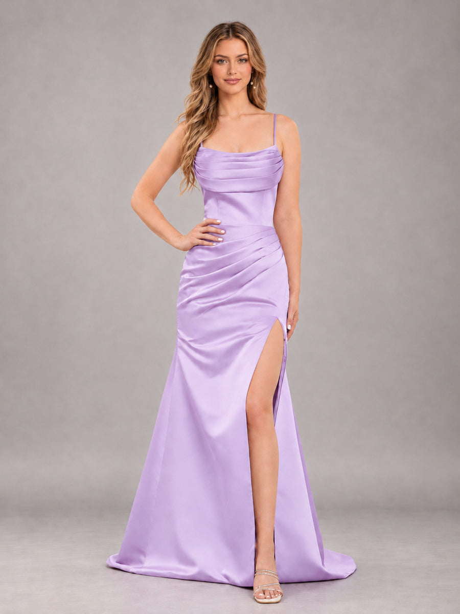 Lilac Fashionable Cowl Neck Slit Trumpet Long Satin Bridesmaid Dress