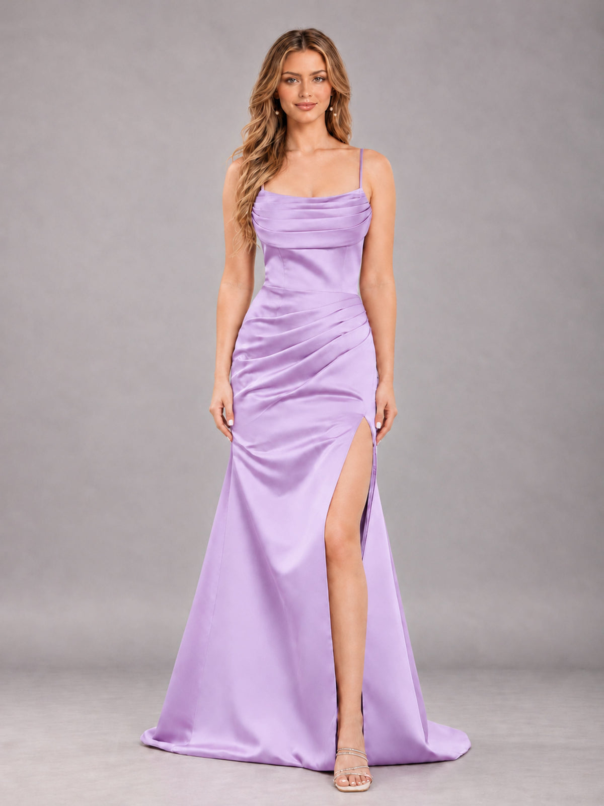 Lilac Fashionable Cowl Neck Slit Trumpet Long Satin Bridesmaid Dress