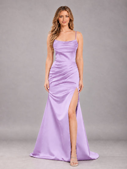 Lilac Fashionable Cowl Neck Slit Trumpet Long Satin Bridesmaid Dress